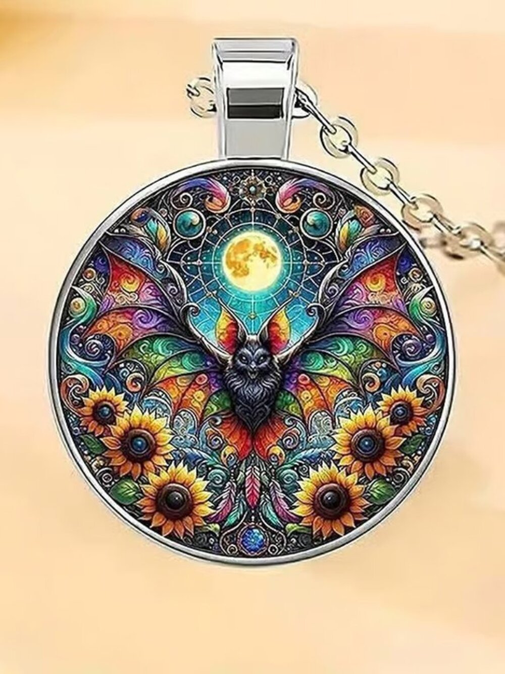 Silver BAT Halloween Glass Cabochon Pendant Necklace